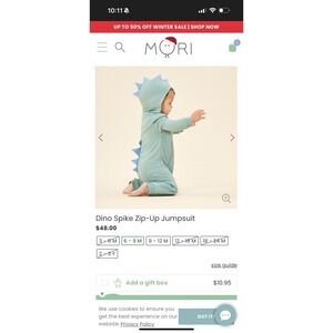 Mori Baby Sage Green Dino Zip-Up Jumpsuit 6-9 Months Bamboo Organic Cotton READ